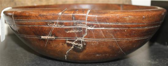A 19th century turned fruitwood bowl, 14.25in.